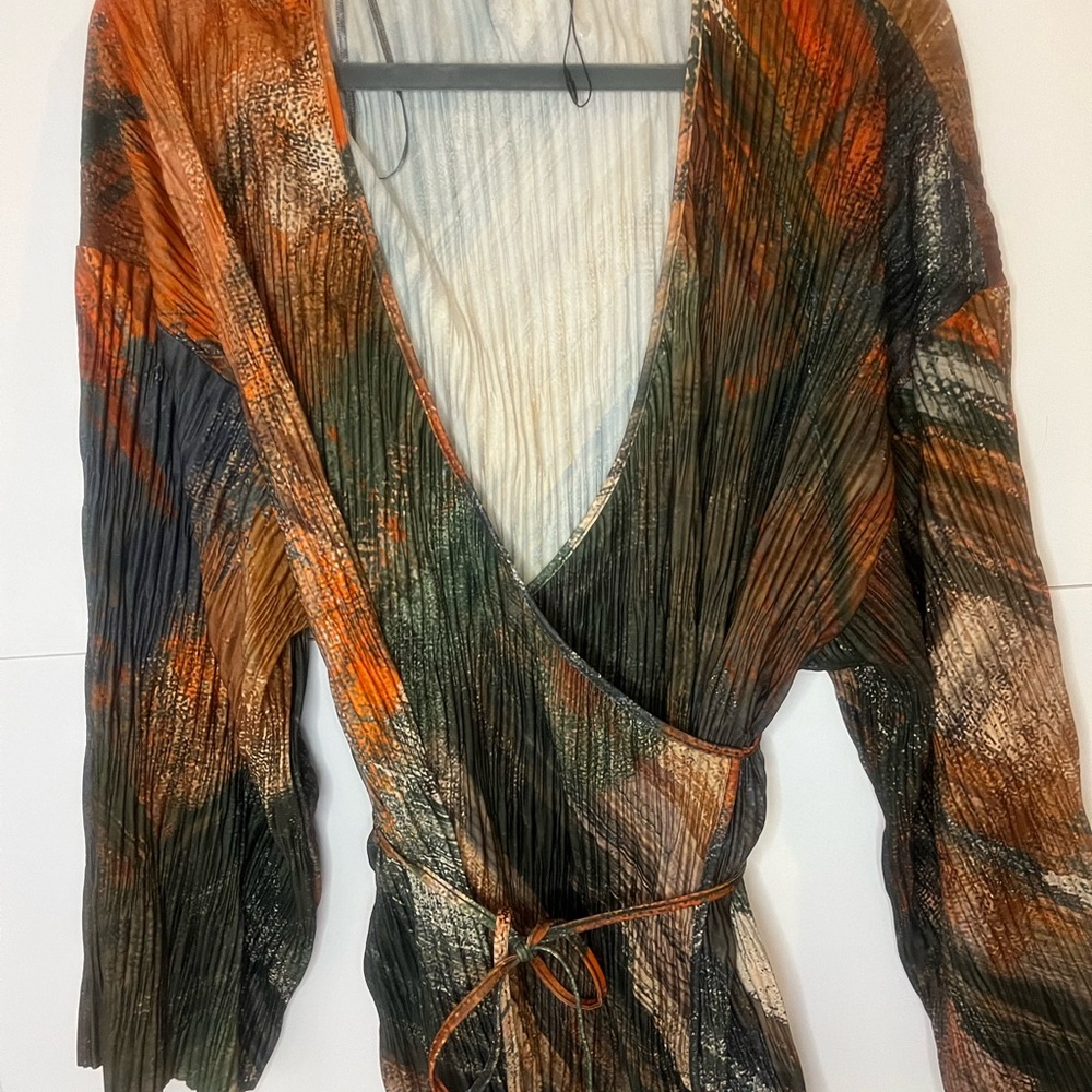 Zara pleated orange green printed bell sleeve kimono wrap size M - Picture 3 of 7